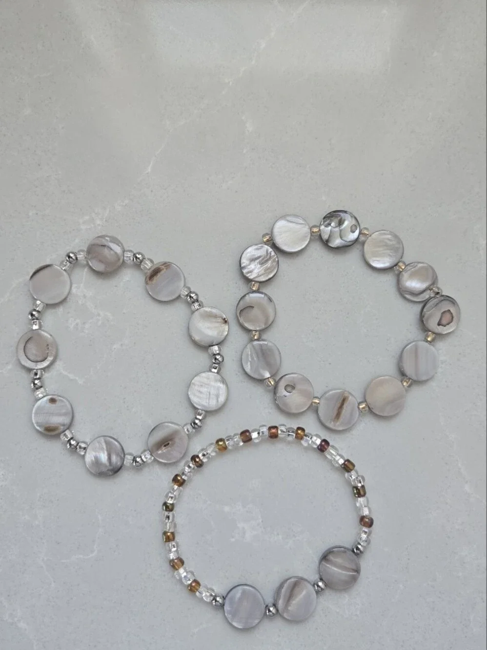 Handmade Mother-of-Pearl Shell Bead Disc Stretch Bracelet Trio